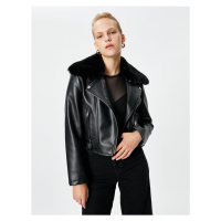 Koton Biker Jacket Faux Leather Zippered Faux Für Detailed