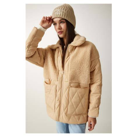 Happiness İstanbul Women's Latte Plush Detailed Quilted Coat