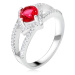 Prsten s rozdvojenými rameny, červený kámen, čtverec, stříbro 925