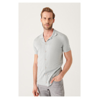 Avva Men's Gray Cuban Collar Buttoned Standard Fit Normal Cut Knitwear T-shirt