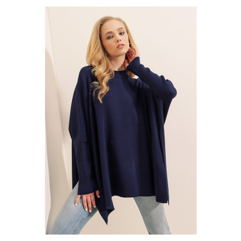 Bigdart 15783 Slit Poncho Sweater - Navy Blue