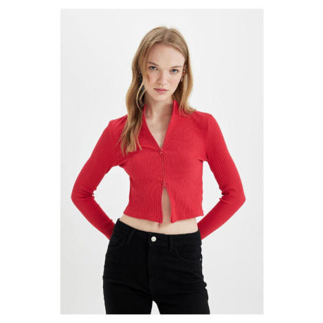 DEFACTO Fitted Stand Collar Basic Plain Zippered Ribbed Camisole Crop Red Cardigan