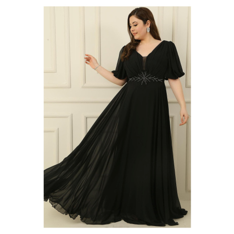 By Saygı Plus Size Long Chiffon Dress With A V-Neck Front Beaded Waist Draped and Lined Front Ba