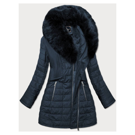 Tmavě modrý dámský zimní kabát s kožešinou (LD5520BIG)