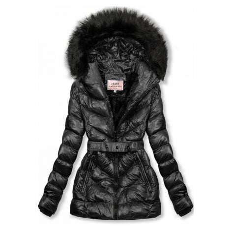 Černá zimní krátká bunda s černou kožešinou | Modio.cz