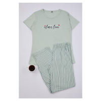 Trendyol Mint Slogan Printed Striped Knitted Pajama Set