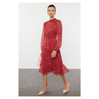 Trendyol Red Patterned Flounce Midi Woven Winter Dress