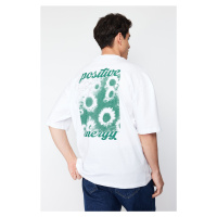 Trendyol White Oversize/Wide-Fit Crew Neck Floral Printed 100% Cotton T-Shirt