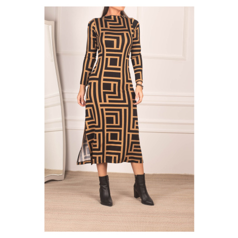 armonika Women's Brown High Collar Long Dress with Side Slit