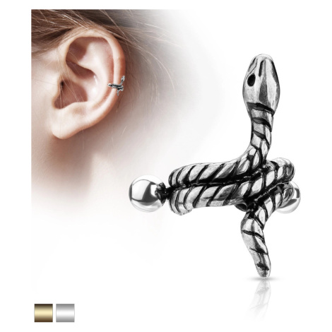 Ocelový piercing do ucha - zatočený had s proužky na těle - Barva piercing: Zlatá Šperky eshop