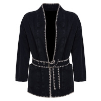 Trendyol Black Embroidered Belted Oversize Denim Jacket