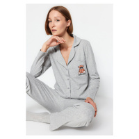 Trendyol Gray Melange Cotton Teddy Bear Embroidered Shirt-Pants Knitted Pajamas Set