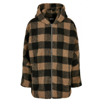 Ladies Hooded Oversized Check Sherpa Jacket - softtaupe/black