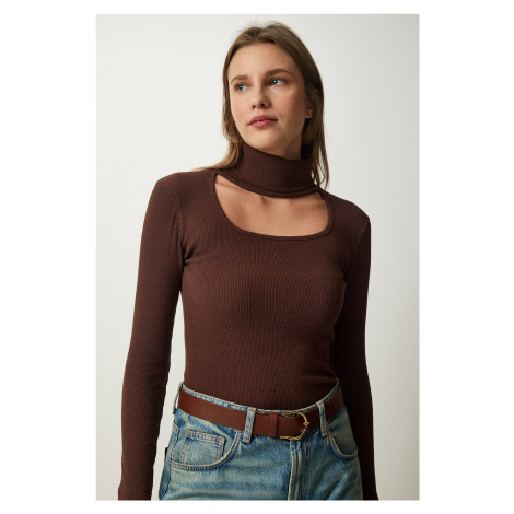 Happiness İstanbul Women's Brown Cut Out Detailed Turtleneck Ribbed Knitted Blouse