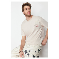 Trendyol Stone Oversize Mushroom Embroidered 100% Cotton T-Shirt