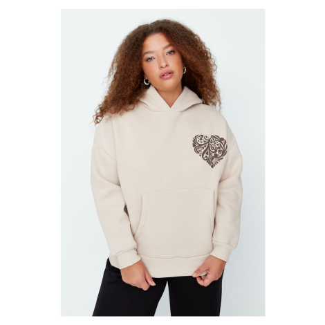 Trendyol Curve Beige Printed Hooded Thick Raised Knitted Sweatshirt