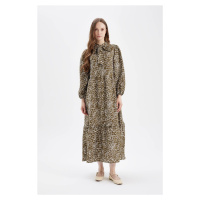 DEFACTO Bow Collar Leopard Print Button Closure Long Sleeve Maxi Dress