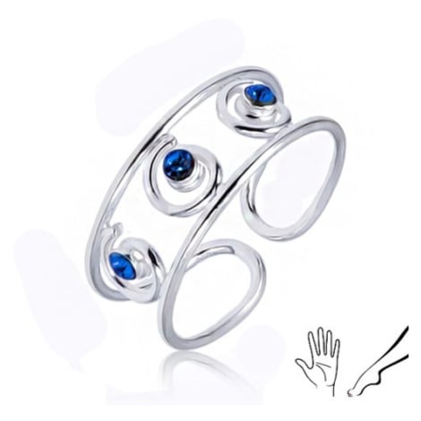 Stříbrný prsten 925 na ruku nebo nohu, tři modré zirkony ve spirálách Šperky eshop