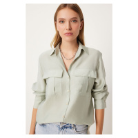 Happiness İstanbul Women's Light Almond Green Wide Pocket Tencel Shirt