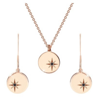 Stříbrný set 925 růžovozlaté barvy - náhrdelník a náušnice, kruh s Polárkou, černý diamant