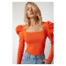 Happiness İstanbul Women's Orange Square Neck Ribbed Knitwear Blouse