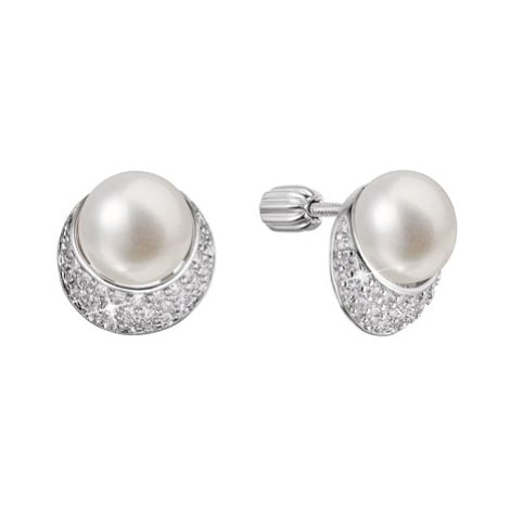 Stříbrné náušnice pecky půlměsíc s říční perlou a zirkony bílé 21099.1B