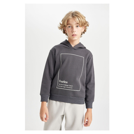 DEFACTO Boy Anthracite Hooded Slogan Printed Thick Sweatshirt