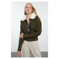 Trendyol Khaki Fur Leather Detailed Zippered Coat Knitwear Cardigan