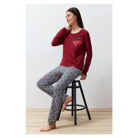 Trendyol Claret Red 100% Cotton Cherry Printed Plaid Knitted Pajamas Set