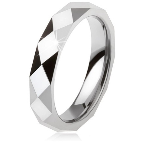 Wolframový prsten ocelově šedé barvy, geometricky broušený povrch Šperky eshop