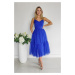 Modré midi šaty s tylovou sukní