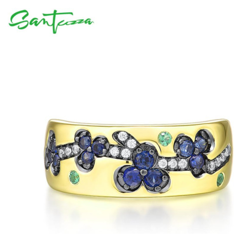 Masivní stříbrný prsten s pozlacením modré kytky FanTurra