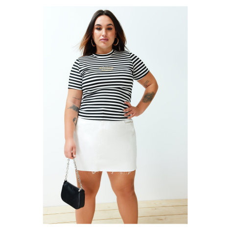 Trendyol Curve Black and White Striped Embroidery Detailed Knitted T-shirt