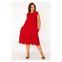 Şans Women's Plus Size Red Woven Viscose Fabric Point Pattern Layered Skirt