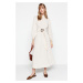 Trendyol Linen-Looking Woven Dress with Stand-up Collar in Ecru with a Belt