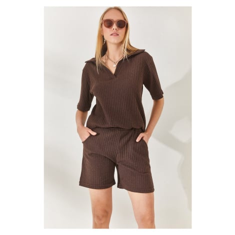 Olalook Bitter Brown Polo Neck Top Pocket Shorts Corduroy Suit
