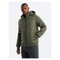 Ombre Men's quilted bomber jacket with high collar - dark olive green