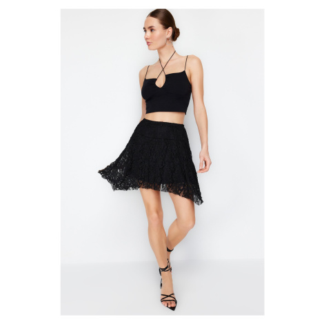 Trendyol Black Asymmetric High Waist Lace Mini Knitted Skirt