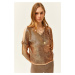 Olalook Women's Bronze Decollete Front Back Metallic Knitwear Sweater