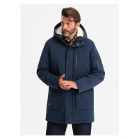 Ombre Men's long parka sherpa jacket – navy blue