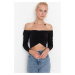 Trendyol Black Shirred Detail Crop, Carmen Collar Stretchy Knitted Blouse
