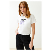 Trendyol White 100% Cotton Printed Relaxed Fit Crop Crew Neck Knitted T-Shirt