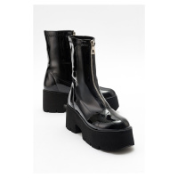 LuviShoes OVİL Black Patent Leather Thick Sole Women's Boots With Zipper