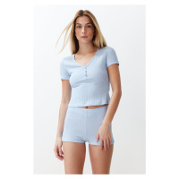 Trendyol Light Blue Button Detailed Ribbed Knitted Pajamas Set