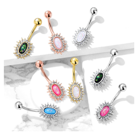 Ocelový piercing do pupíku - oválné sluníčko s barevným syntetickým opálem a krystaly - Barva pi Šperky eshop
