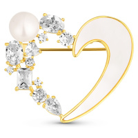 JwL Luxury Pearls Romantická pozlacená brož 2v1 srdce s krystaly a perletí JL0841