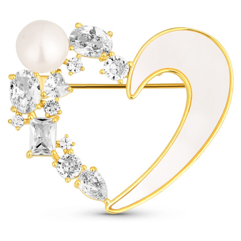 JwL Luxury Pearls Romantická pozlacená brož 2v1 srdce s krystaly a perletí JL0841