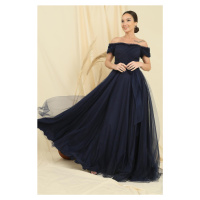 By Saygı Frilly Belted Collar And Sleeves Lined Long Tulle Dress