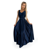 Dlouhé saténové šaty s výstřihem a mašlí Numoco CINDY - tmavě modré