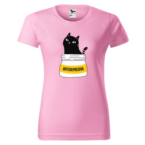 DOBRÝ TRIKO Dámské tričko s potiskem s kočkou ANTIDEPRESIVA Barva: Růžová